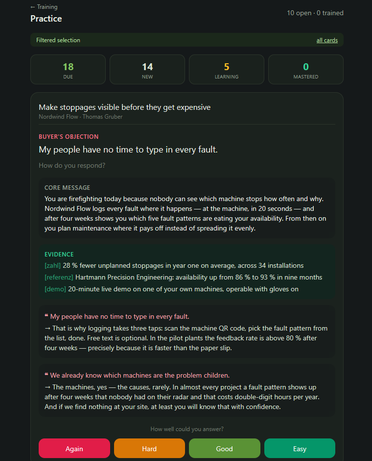 A training card with argument, evidence and objections