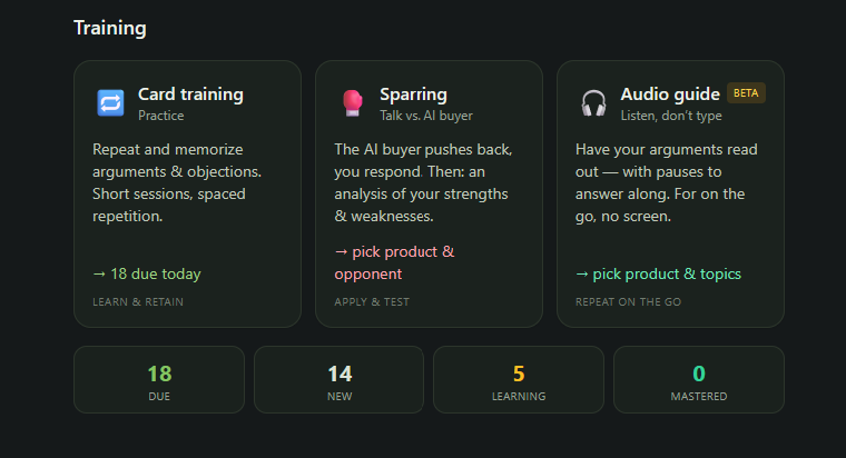The training screen with all three modes